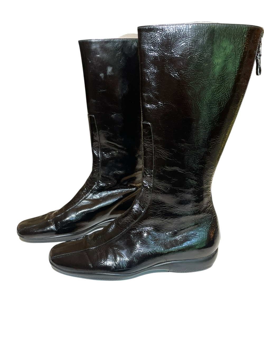 Prada Black Patent Tall Full Back Zip Low Heel Boots Womens Size 39 EU - Picture 9 of 16